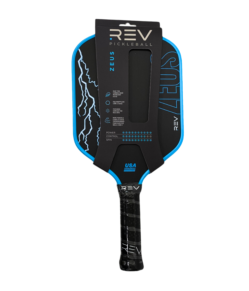 Rev pickleball paddle with packaging on a white background