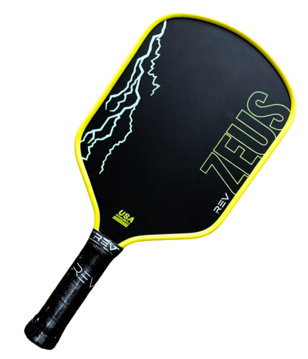 Pickleball paddle with 'Zeus' branding on a white background