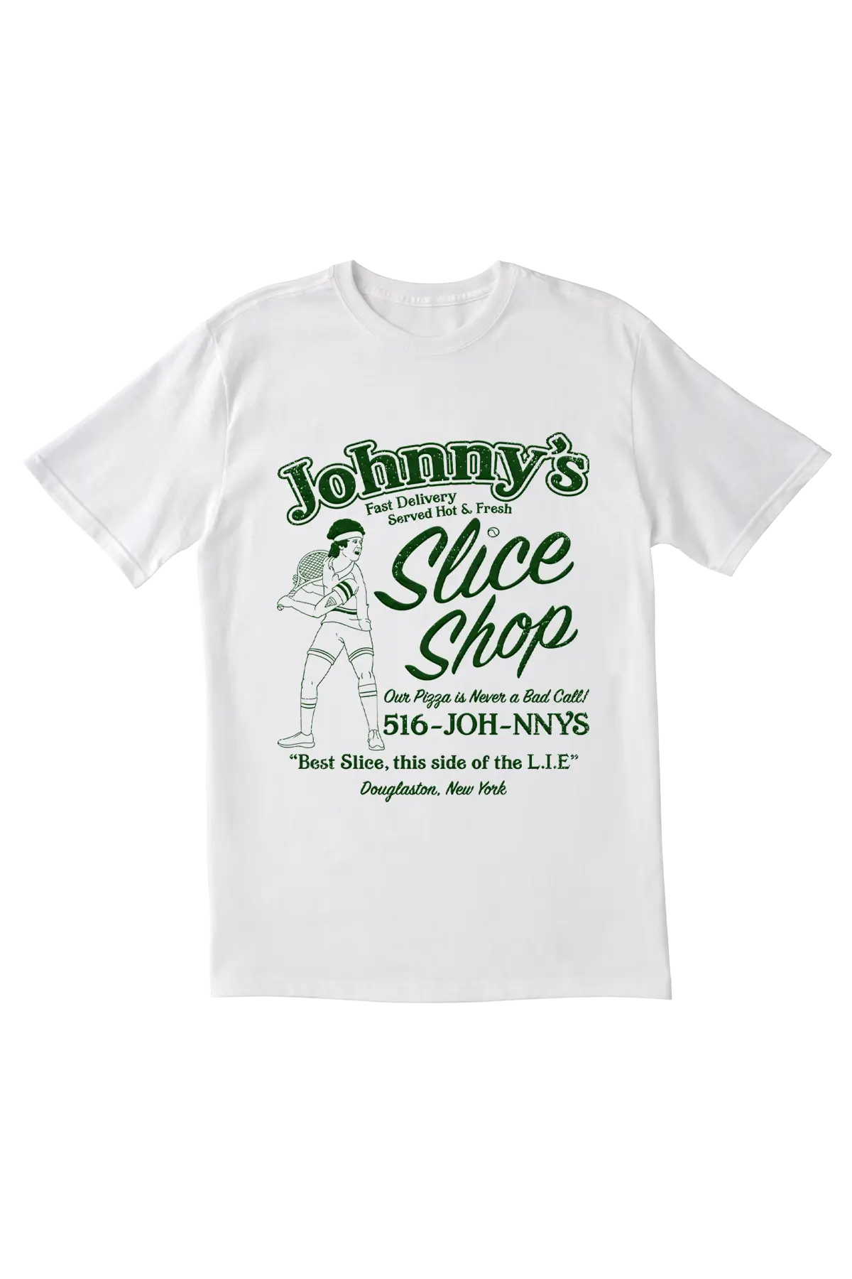 White t-shirt with green and black graphics and text on a white background