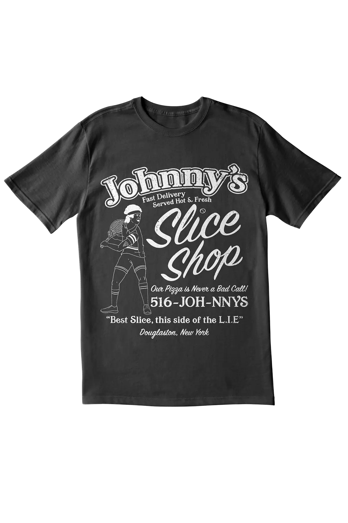 Black t-shirt with 'Johnny's Slice Shop' graphic on a white background