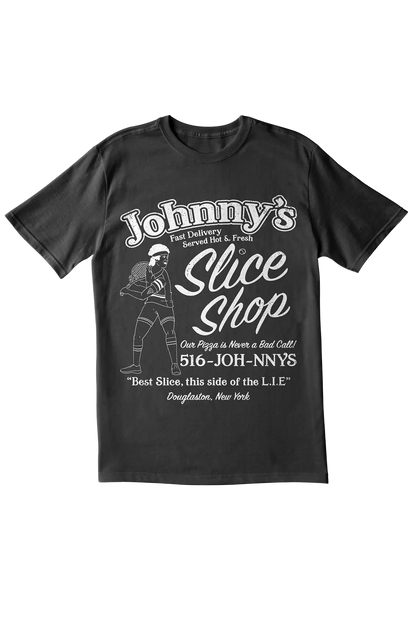 Black t-shirt with 'Johnny's Slice Shop' graphic on a white background