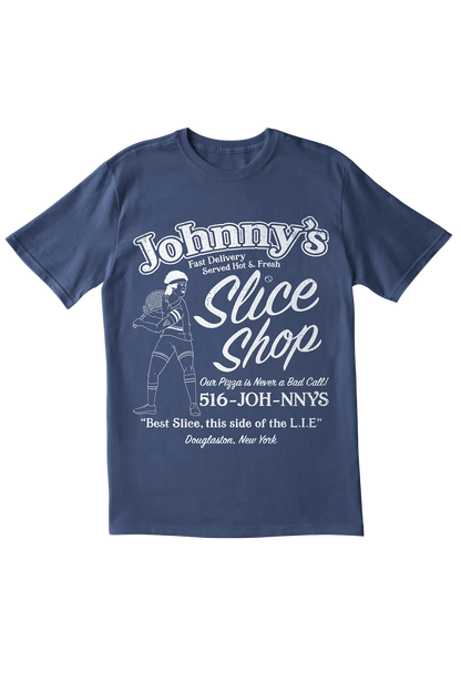 Navy blue t-shirt with white graphic and text on a white background