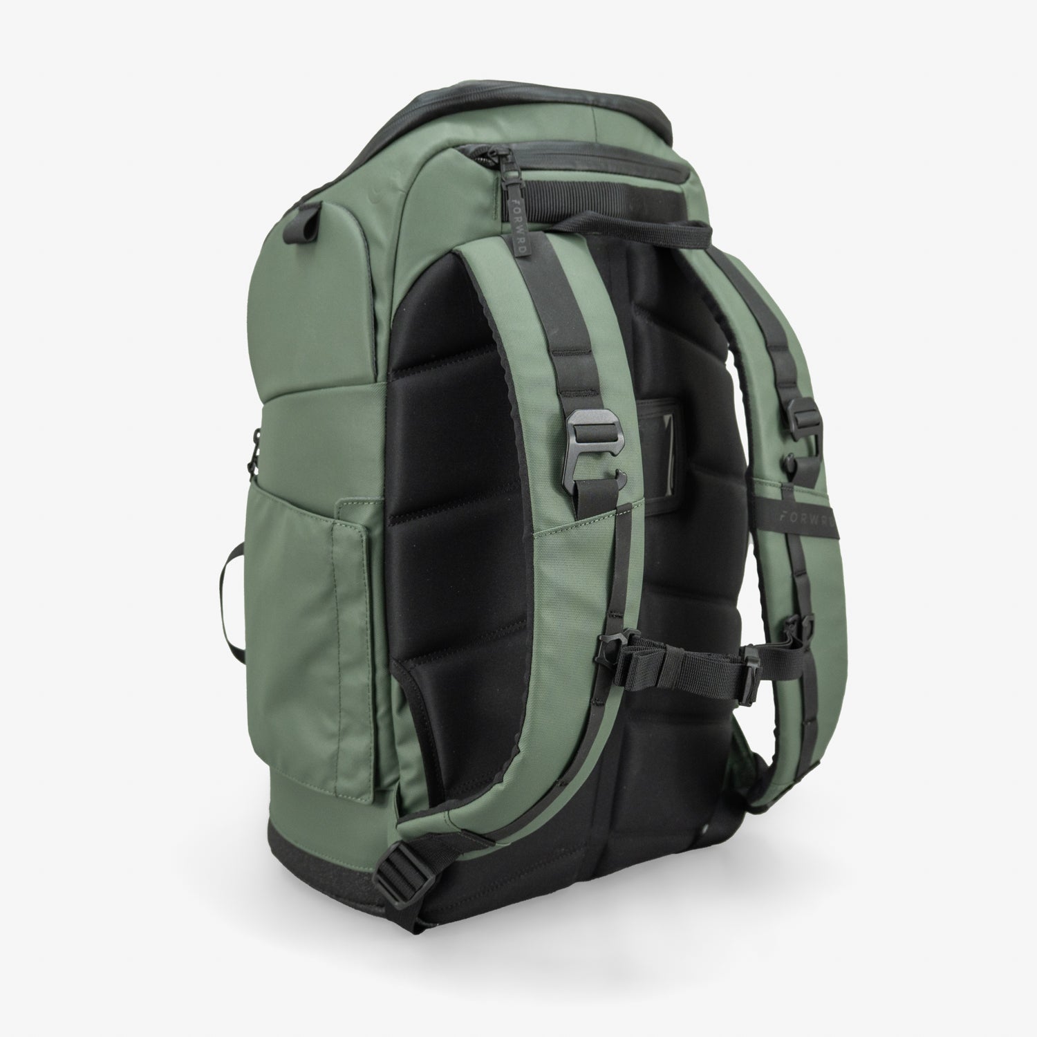 Green and black backpack on a white background