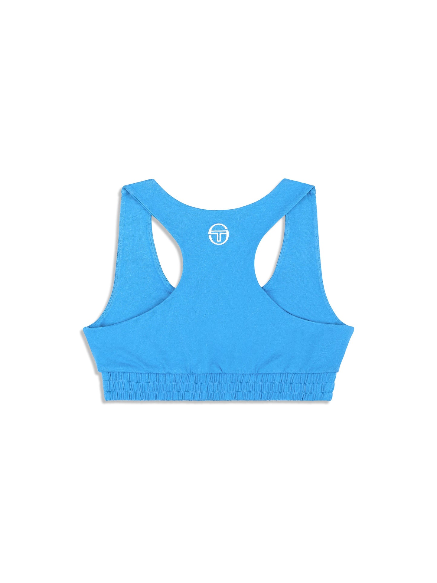 Blue sports bra with a brand logo on a white background