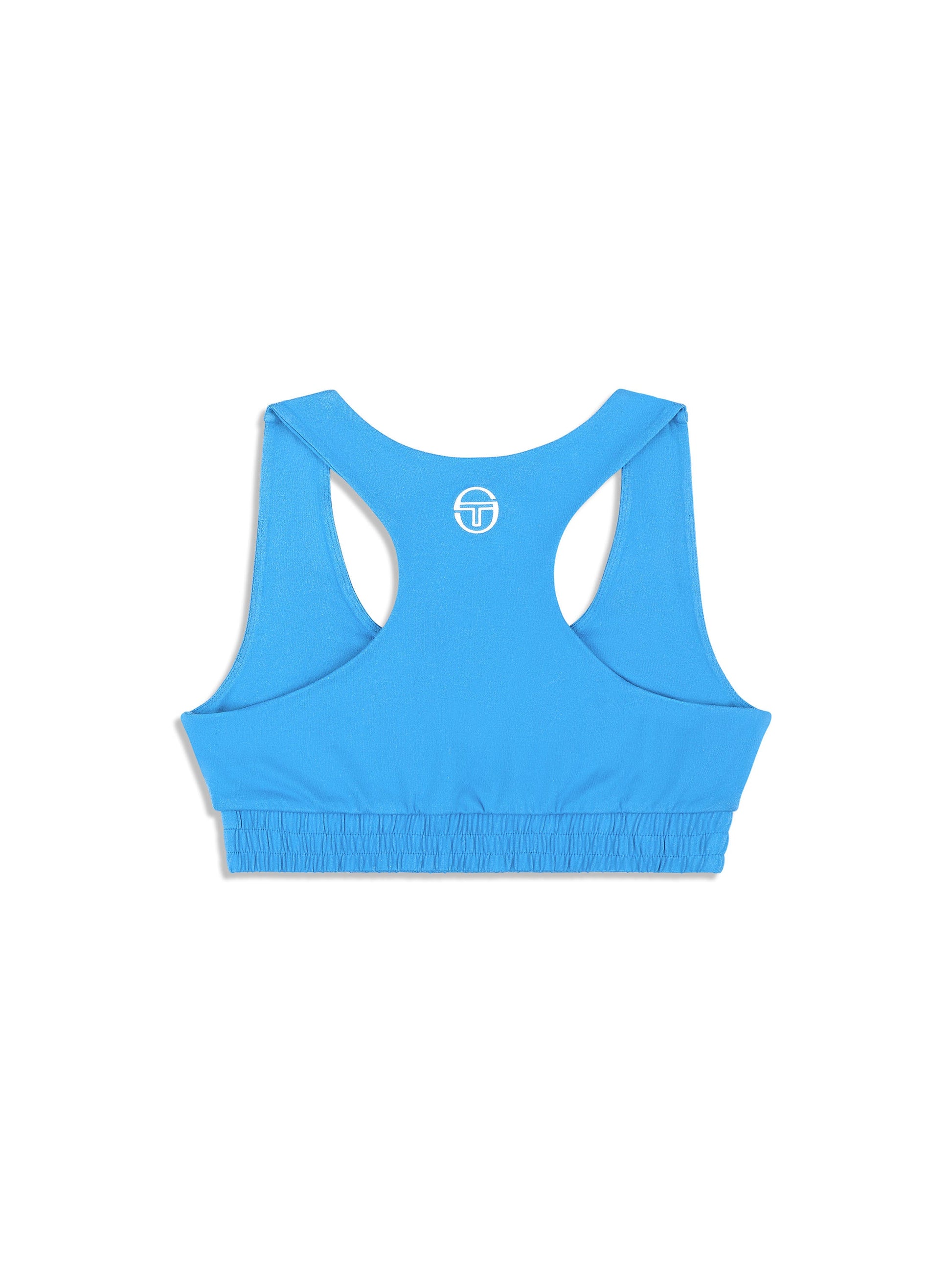 Blue sports bra with a brand logo on a white background