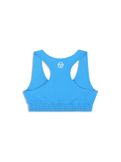 Blue sports bra with a brand logo on a white background