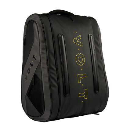 Black backpack with yellow branding on a white background