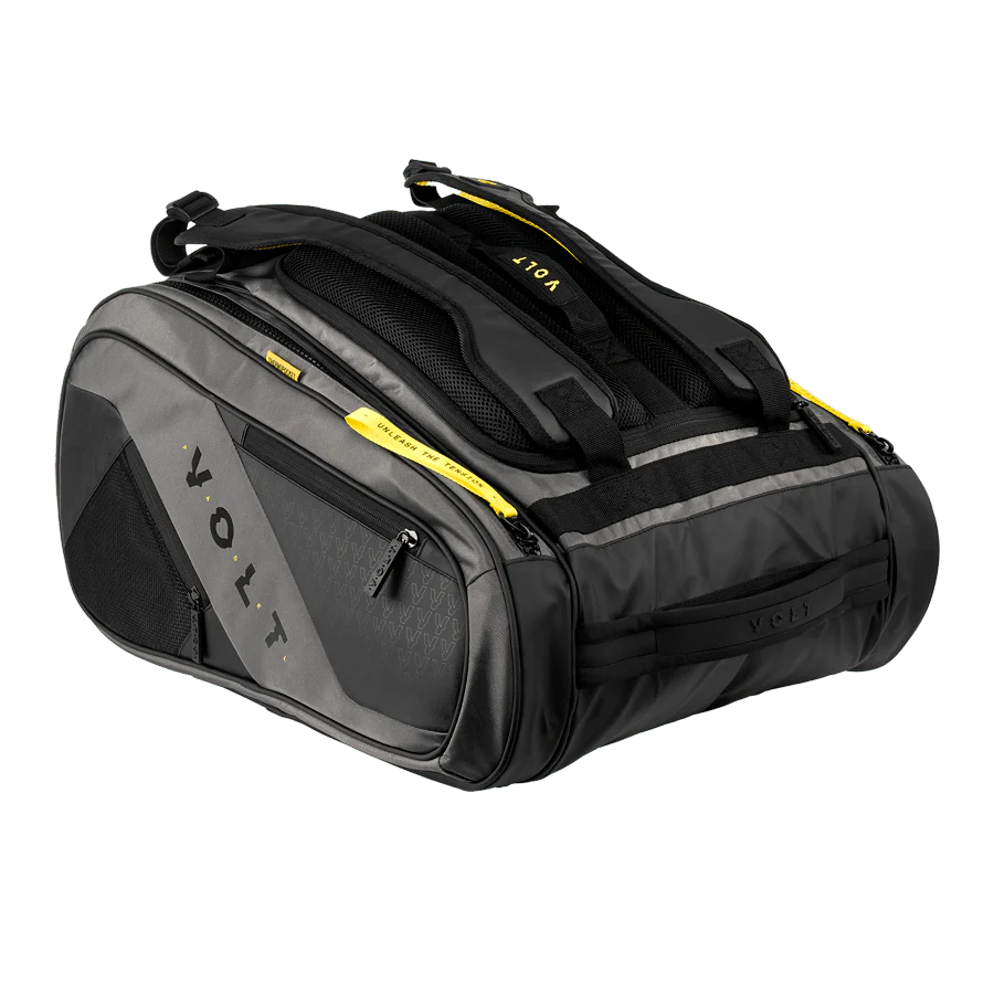 Black and gray duffel bag with yellow accents on a white background