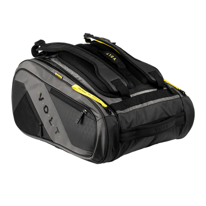 Black and gray duffel bag with yellow accents on a white background