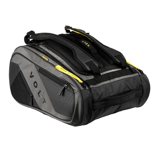 Black and gray duffel bag with yellow accents on a white background