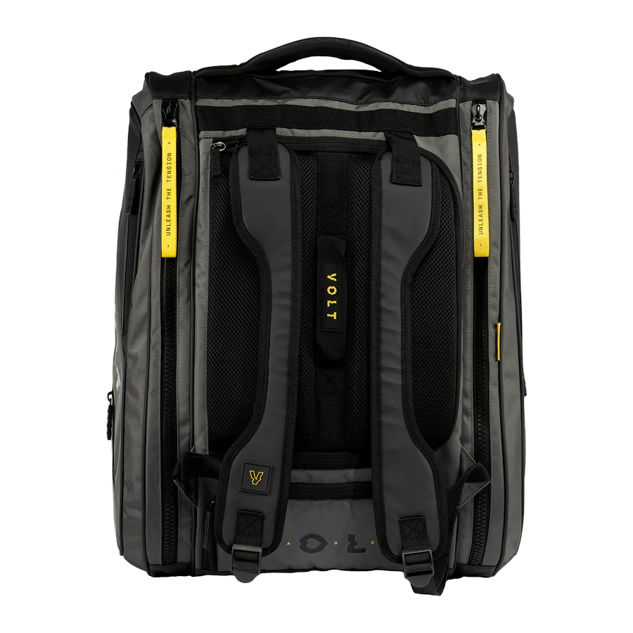 Black backpack with yellow accents on a white background