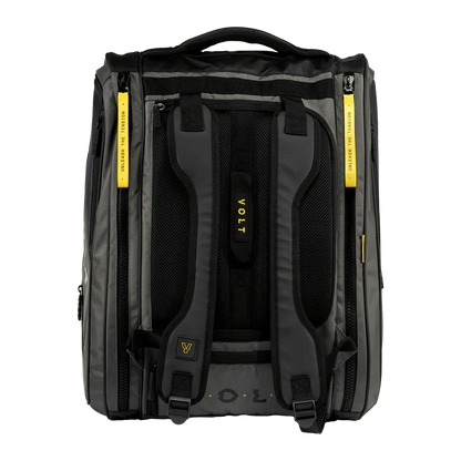 Black backpack with yellow accents on a white background