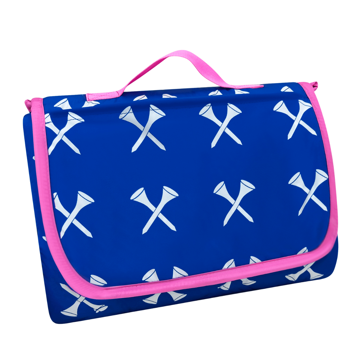 Blue picnic blanket with white crossbones and pink edges on a white background