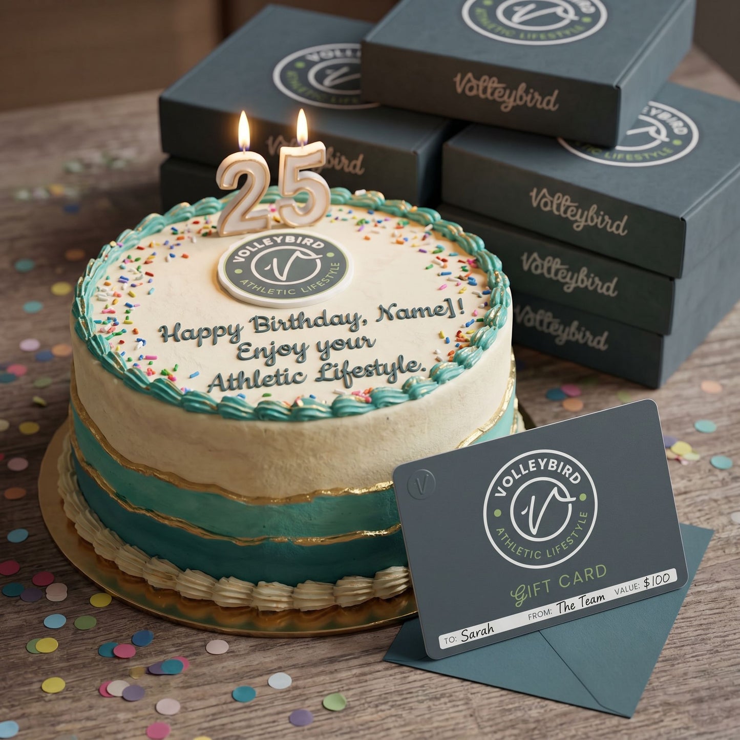 cake with card sitting next to it