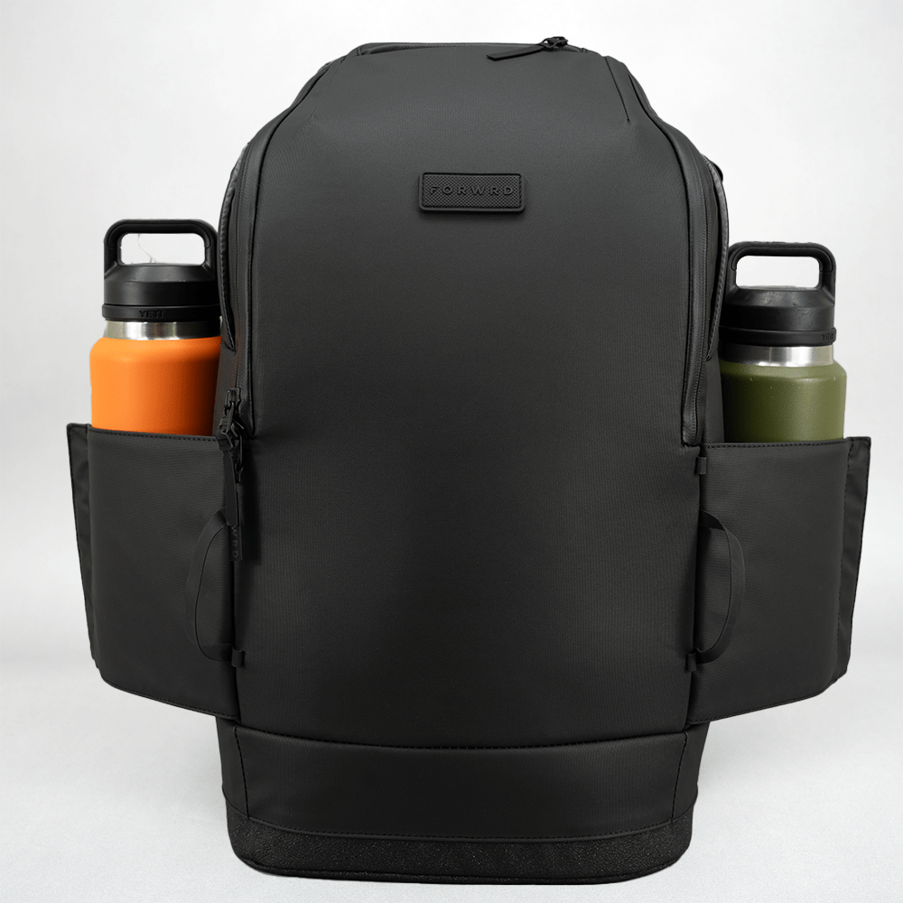 Black backpack with water bottle holders on a white background
