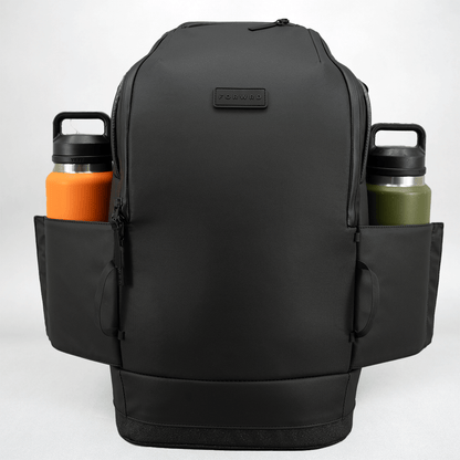 Black backpack with water bottle holders on a white background