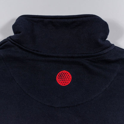 Black fleece with a red circular pattern on a white background