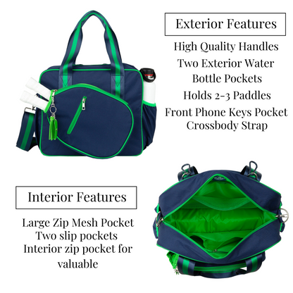 Navy and green bag with features listed on a white background