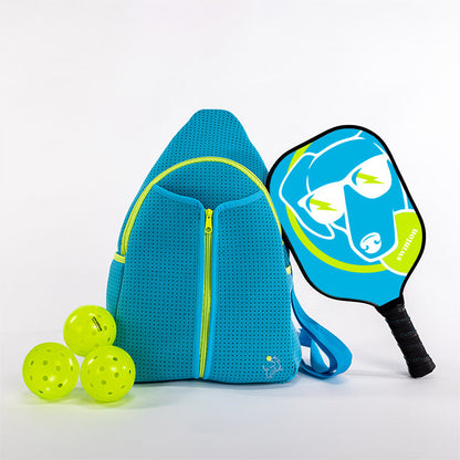 Blue pickleball backpack with three green pickleballs and a blue pickleball paddle on a white background