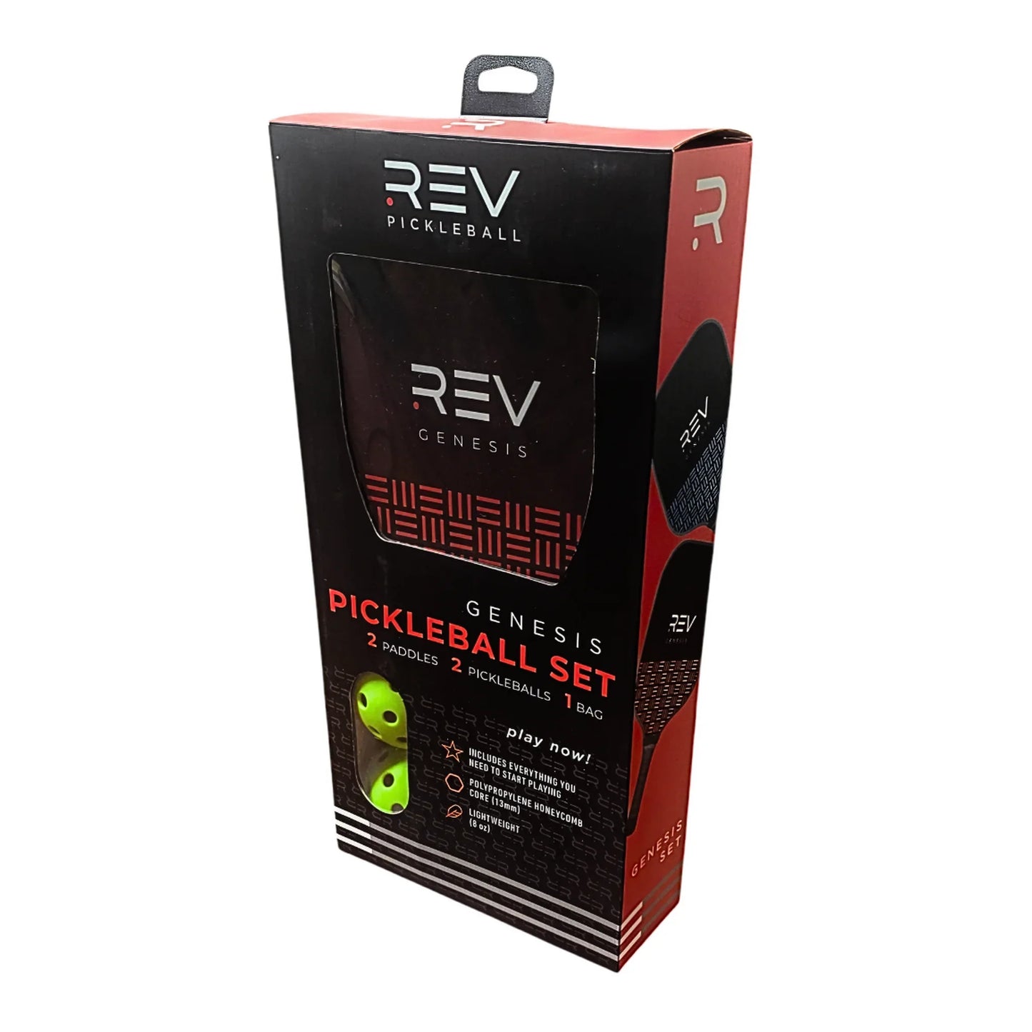 REV pickleball set packaging with paddle and ball on a white background