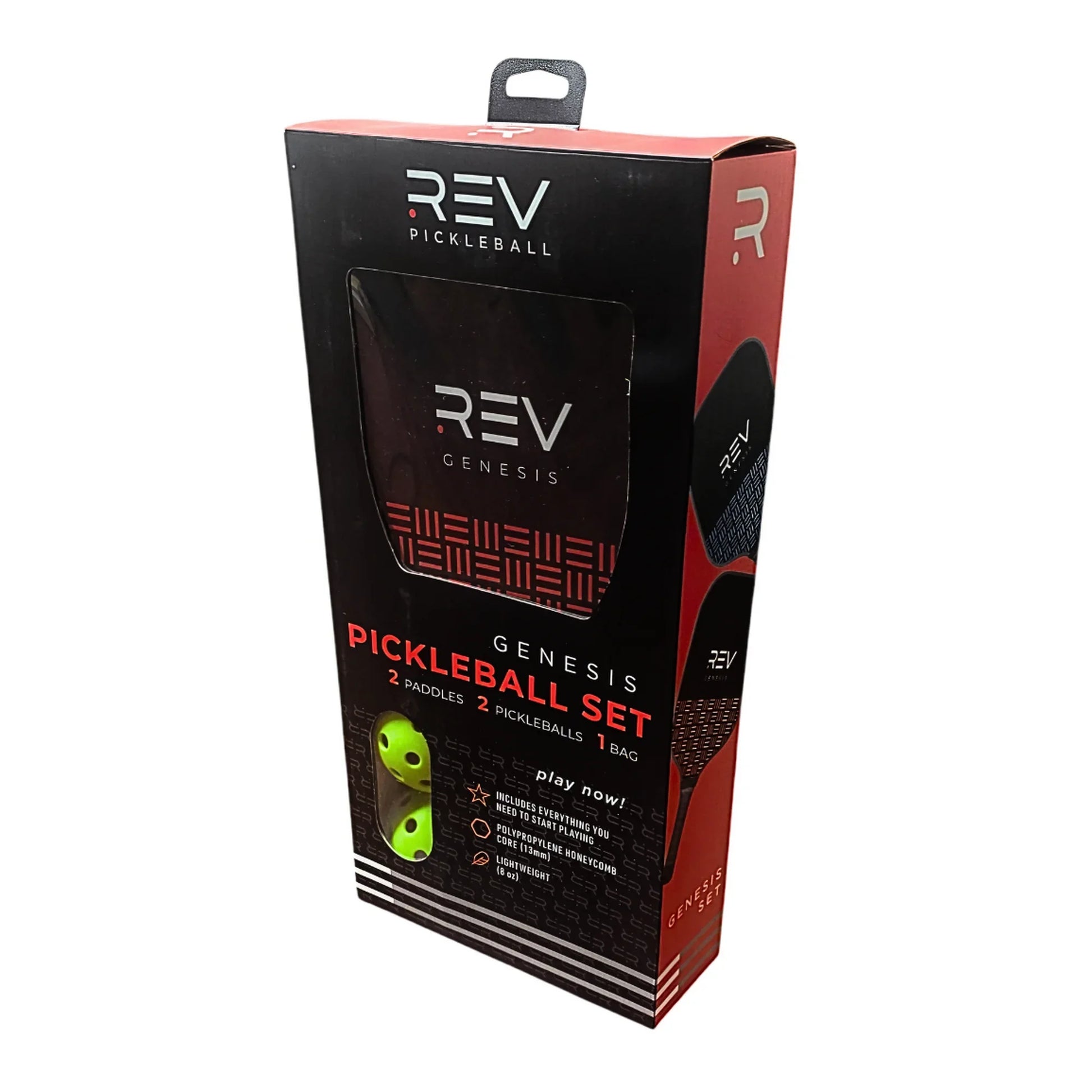 REV pickleball set packaging with paddle and ball on a white background