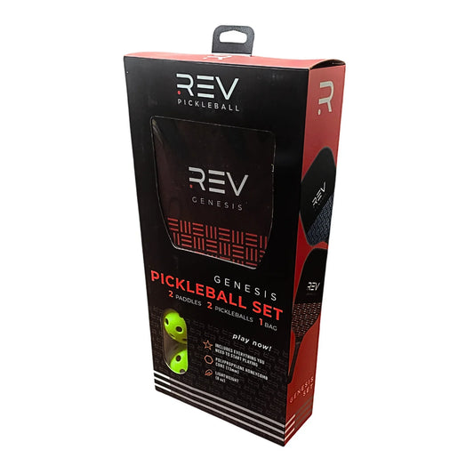 REV pickleball set packaging with paddle and ball on a white background