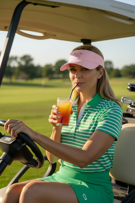 woman wearing golf visor sitting in golf cart