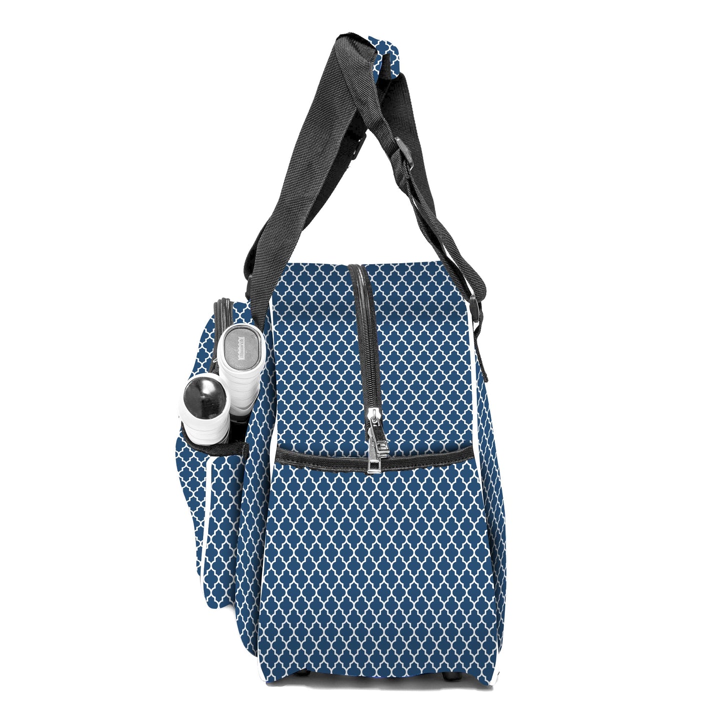 Blue patterned bag with black straps on a white background