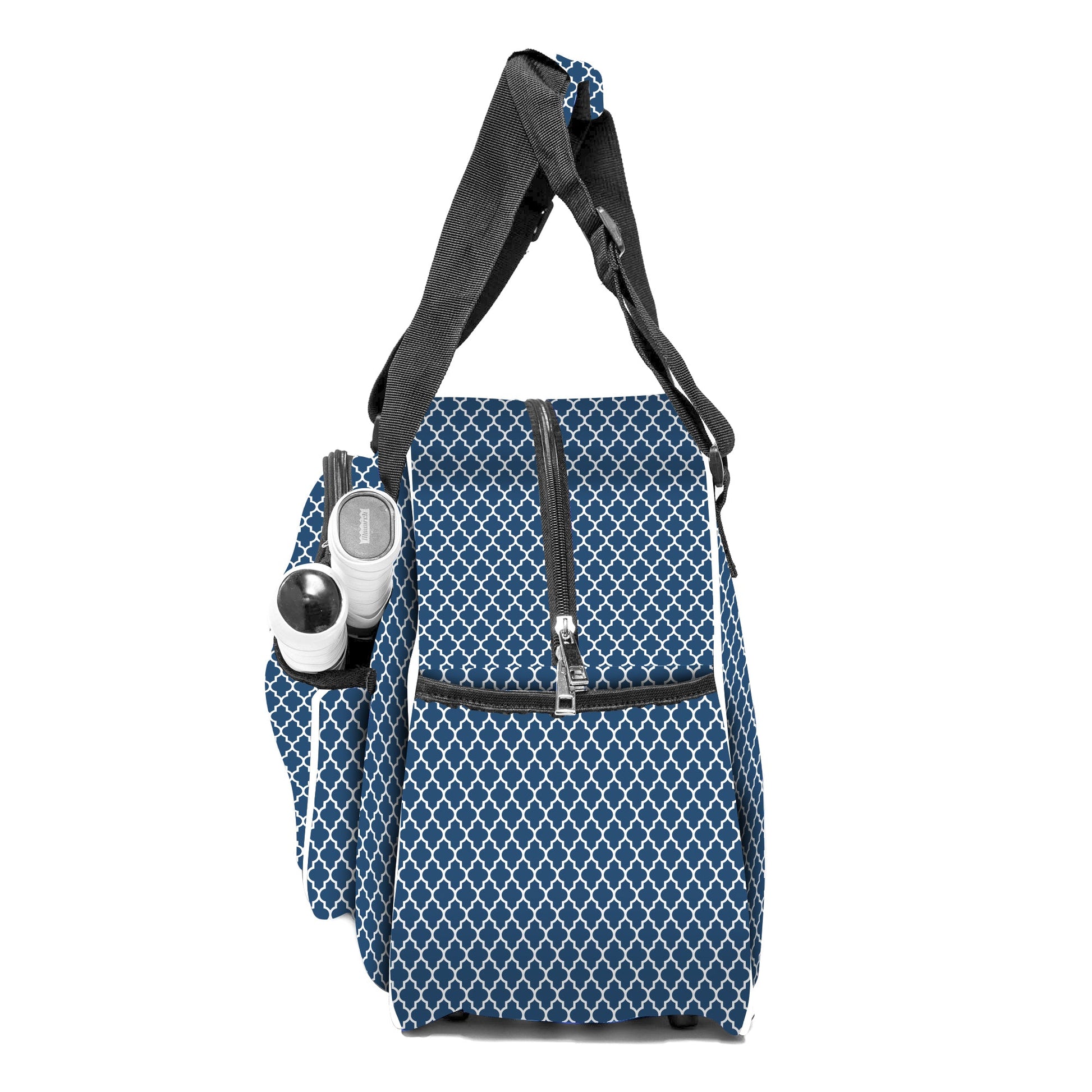 Blue patterned bag with black straps on a white background