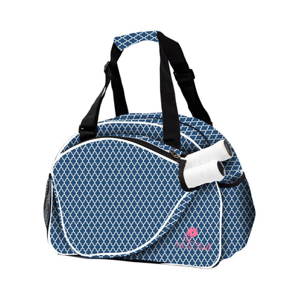 Blue patterned duffel bag with a black strap on a white background