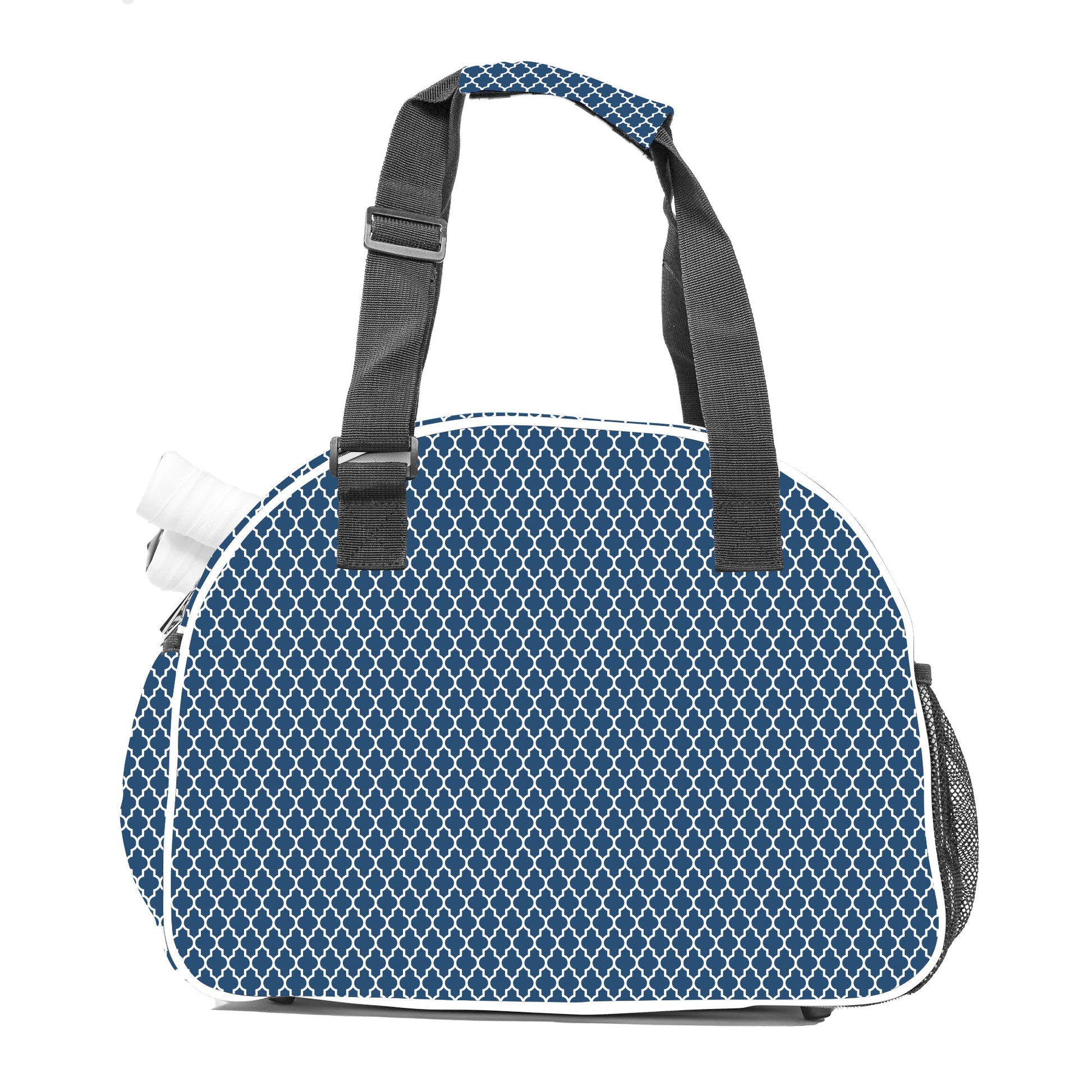 Blue patterned duffel bag with black straps on a white background