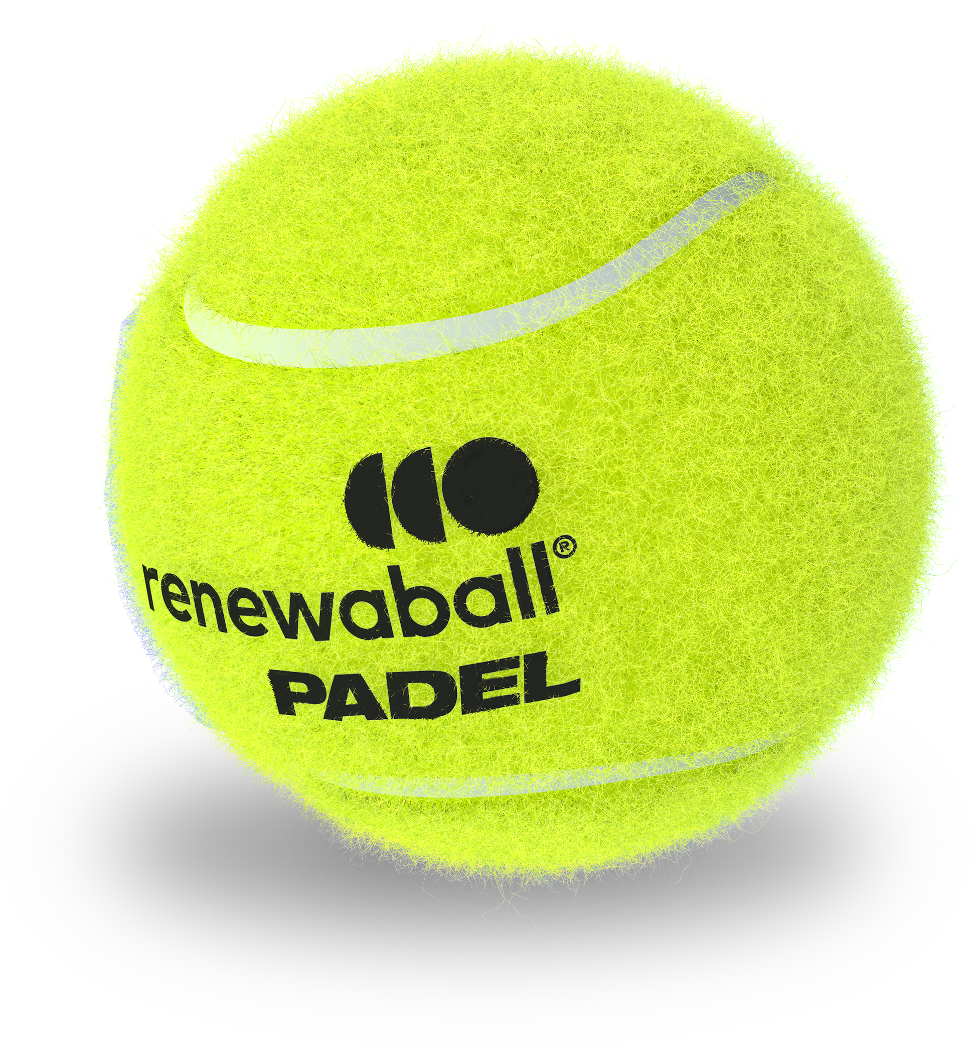 Yellow padel ball with ' renewaball' logo on a white background