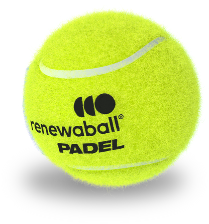 Yellow padel ball with ' renewaball' logo on a white background