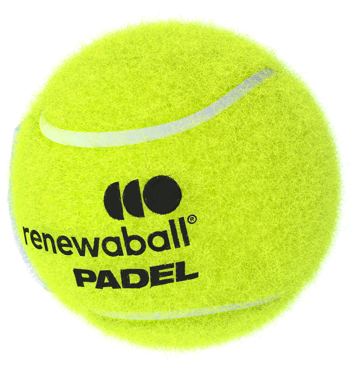Yellow padel ball with 'renewaball' logo on a white background