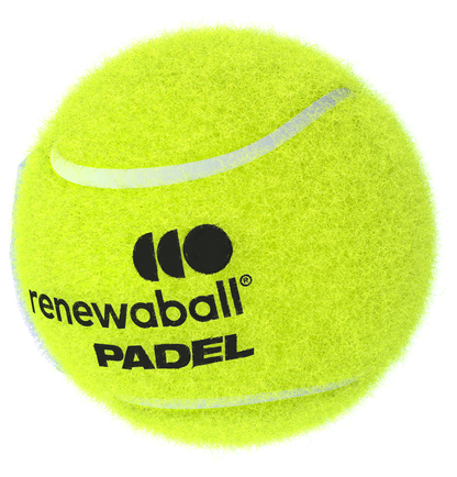 Yellow padel ball with 'renewaball' logo on a white background