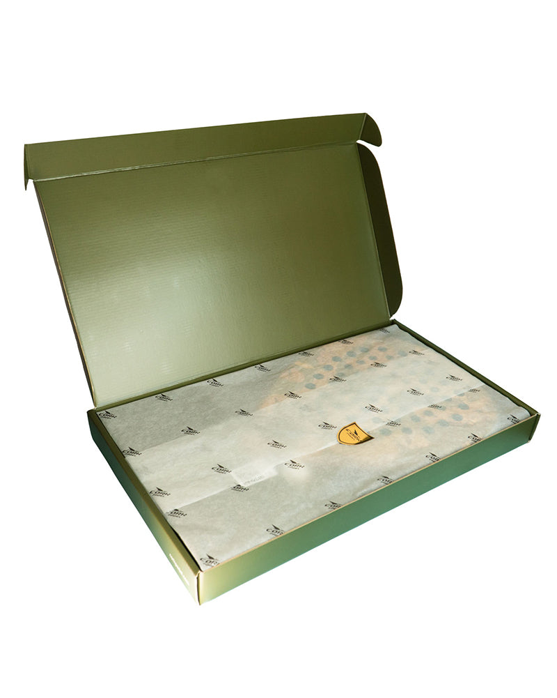 Open green box with a patterned interior on a white background