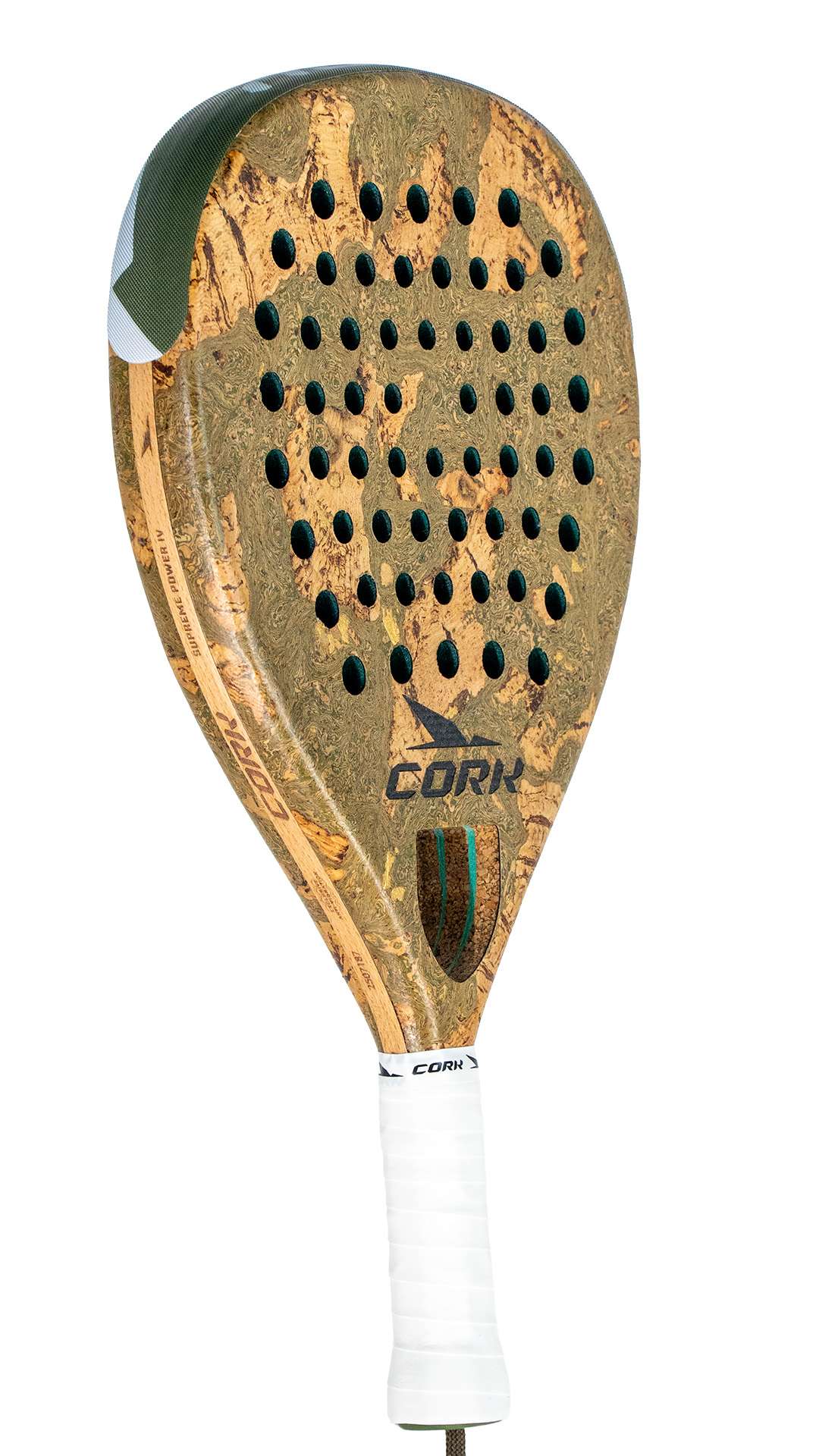 Cork Padel racket with cork surface and white handle on a white background