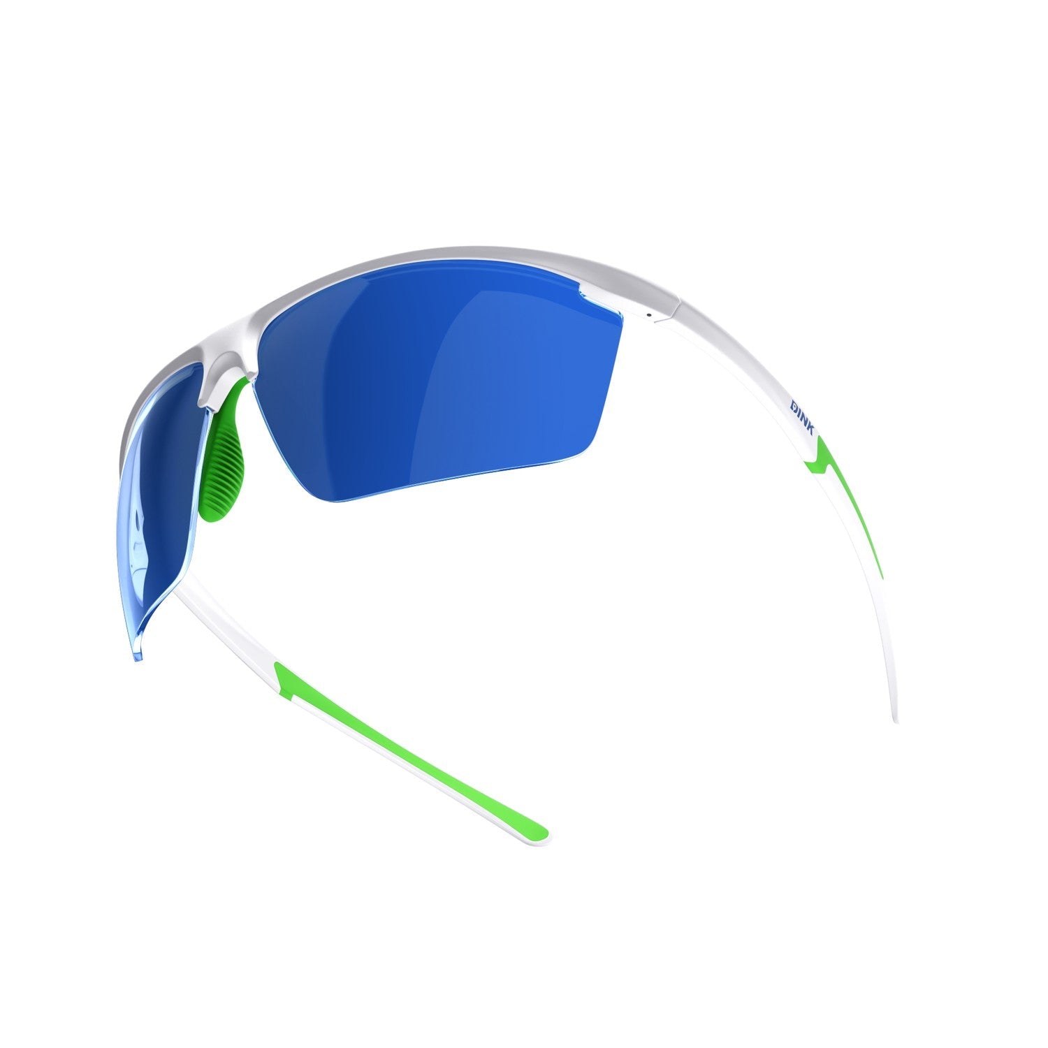 Sunglasses with blue lenses and green accents on a white background