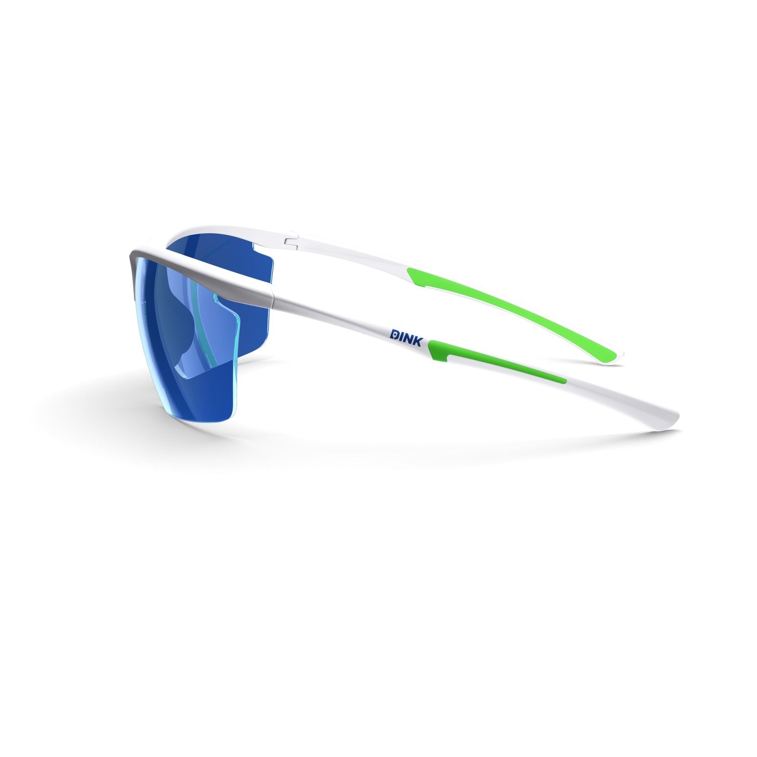 Sunglasses with blue lenses and green and white frame on a white background