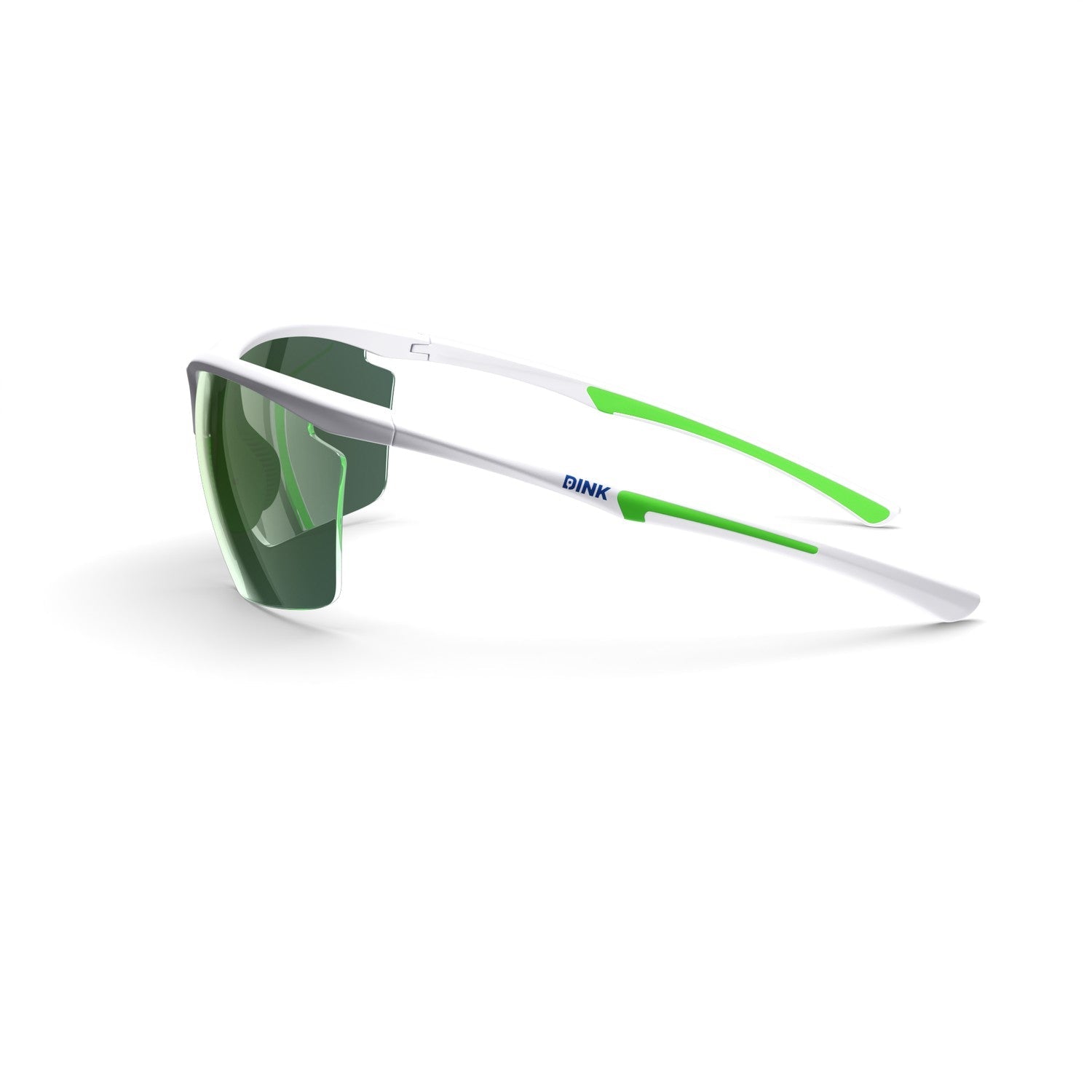 Sunglasses with green lenses and white frame on a white background