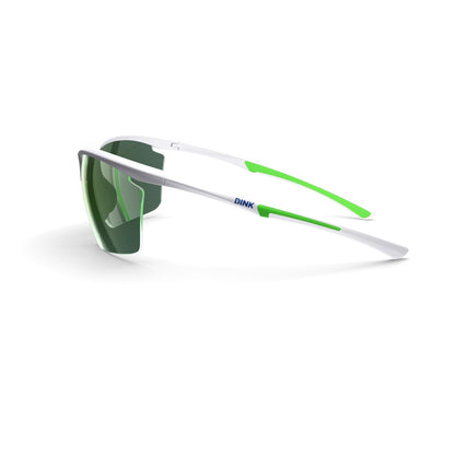 Sunglasses with green lenses and white frame on a white background