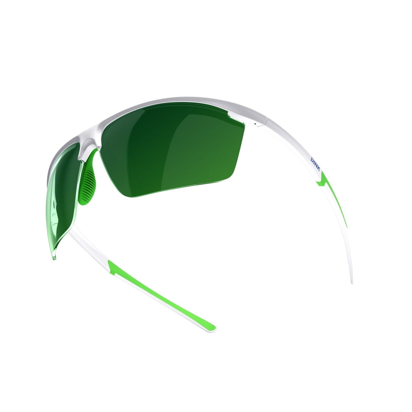 Sunglasses with green lenses and silver frame on a white background
