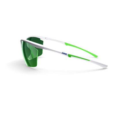 Sunglasses with green lenses and white frame on a white background