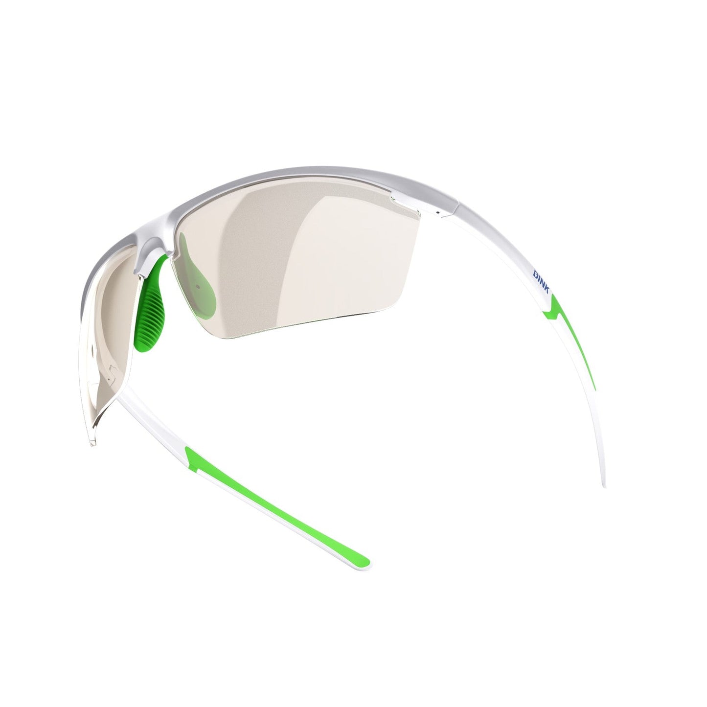 Clear safety goggles with green accents on a white background