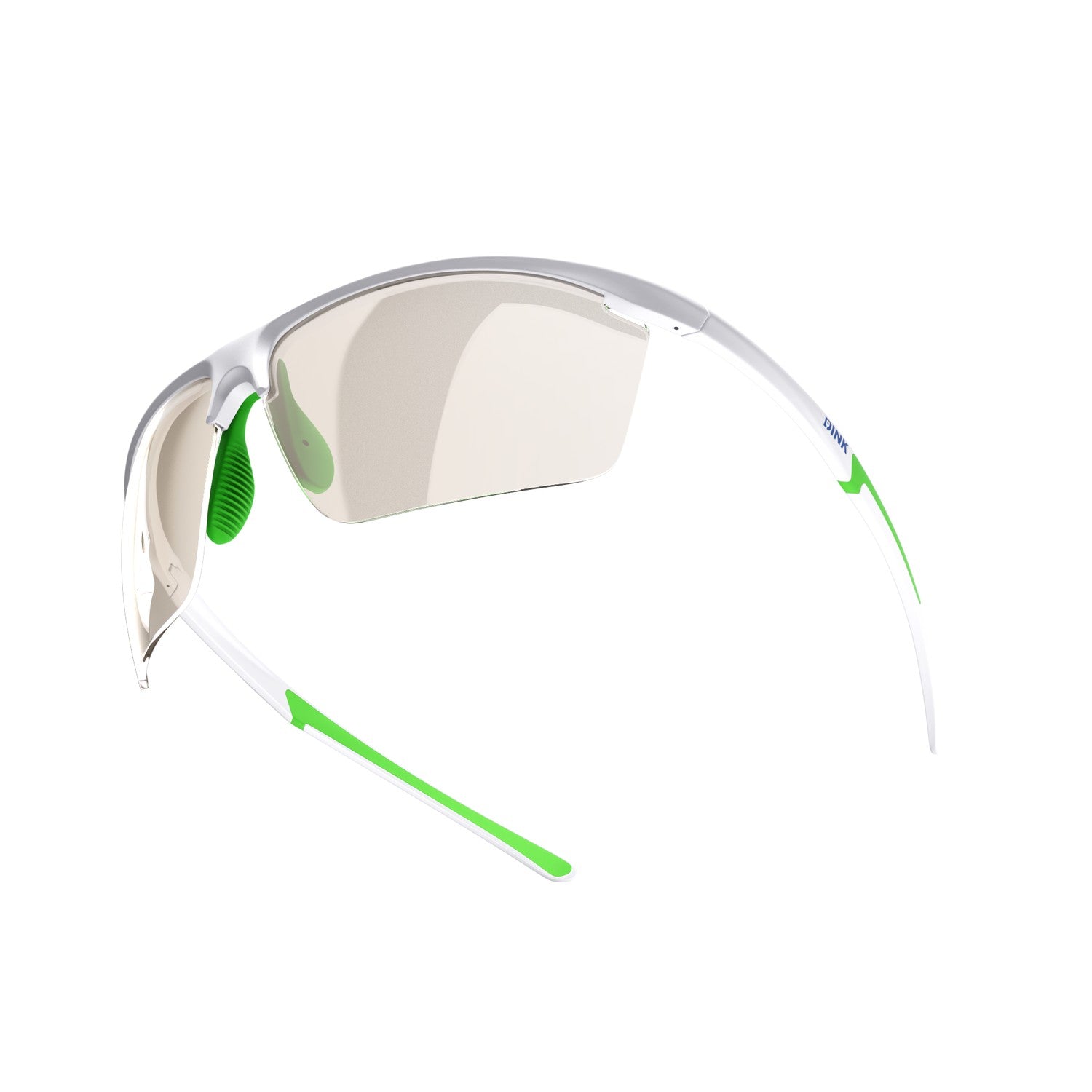 Clear safety goggles with green accents on a white background