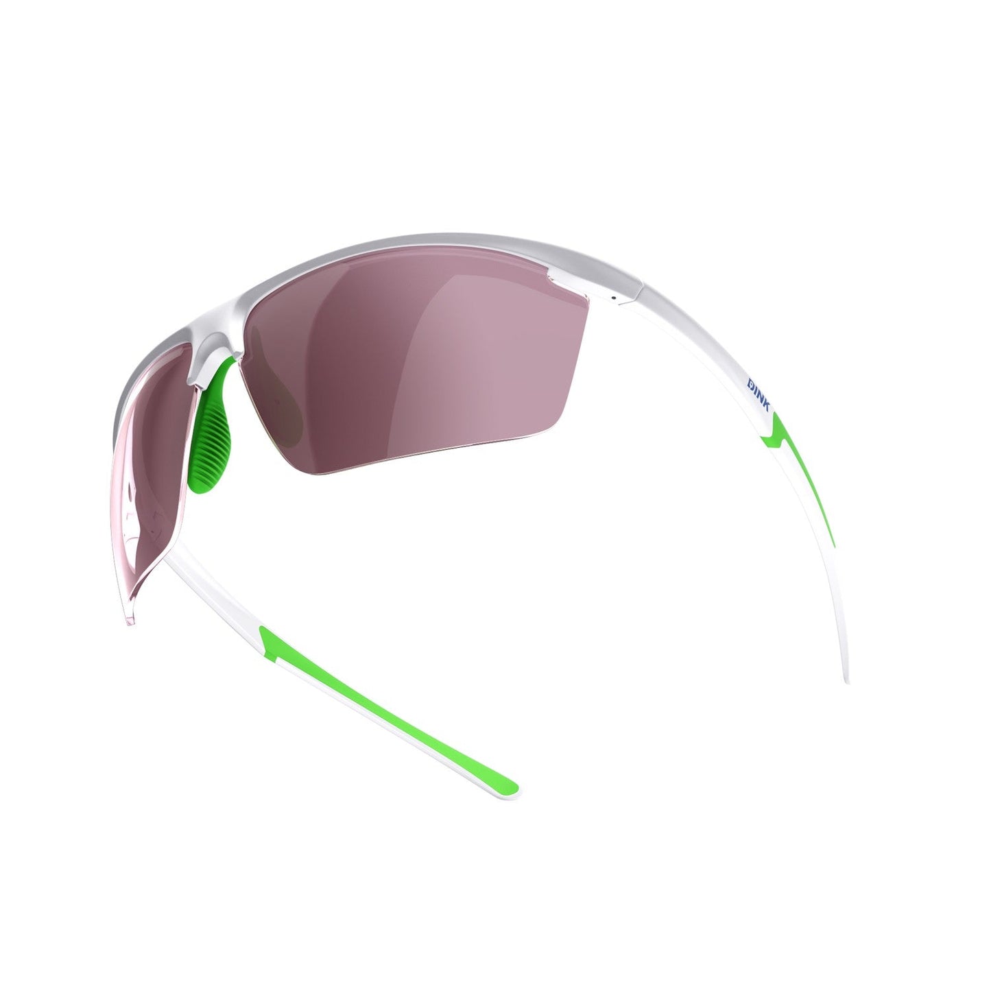 Sunglasses with clear frame and pink lenses on a white background