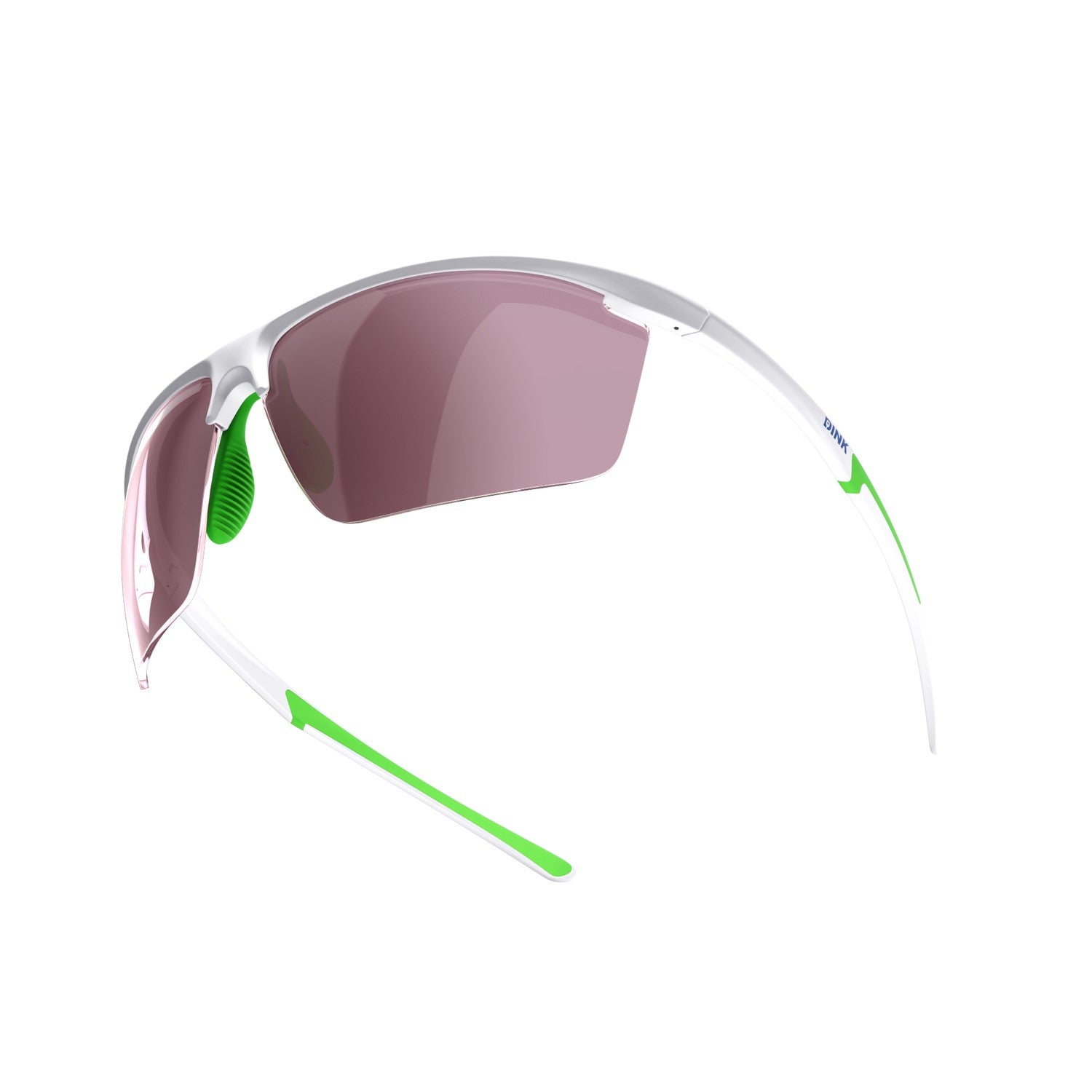 Sunglasses with clear frame and pink lenses on a white background
