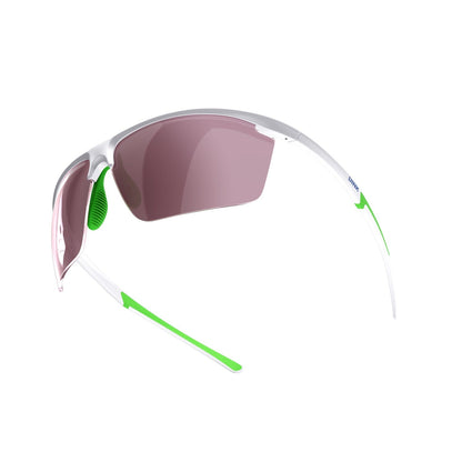 Sunglasses with clear frame and pink lenses on a white background