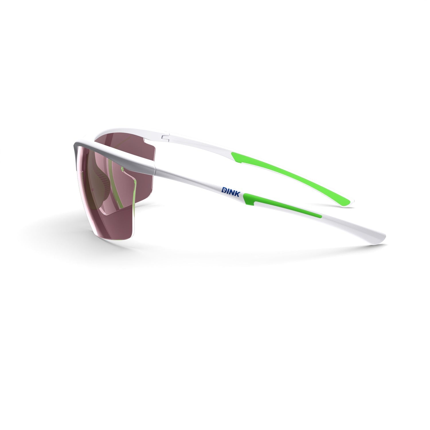 Sunglasses with white frame, green arm, and red lenses on a white background