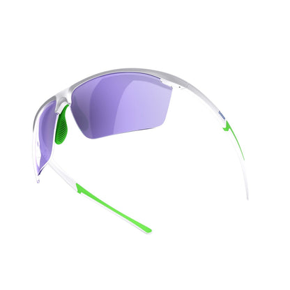 Sunglasses with clear frame and purple lens on a white background